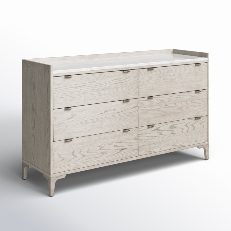 Elegant Vintage White Oak and Italian Marble 6-Drawer Dresser