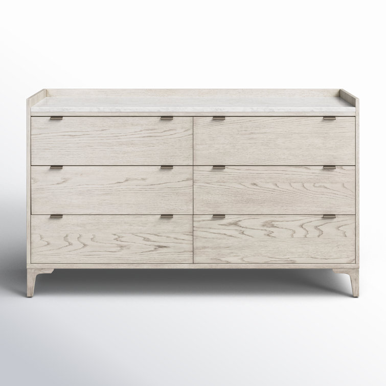 Elegant Vintage White Oak and Italian Marble 6-Drawer Dresser