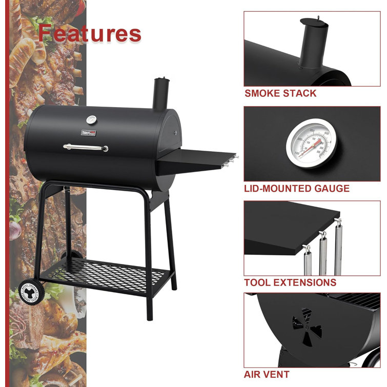 Royal Gourmet 30-Inch Black Barrel Charcoal Grill with Smoker