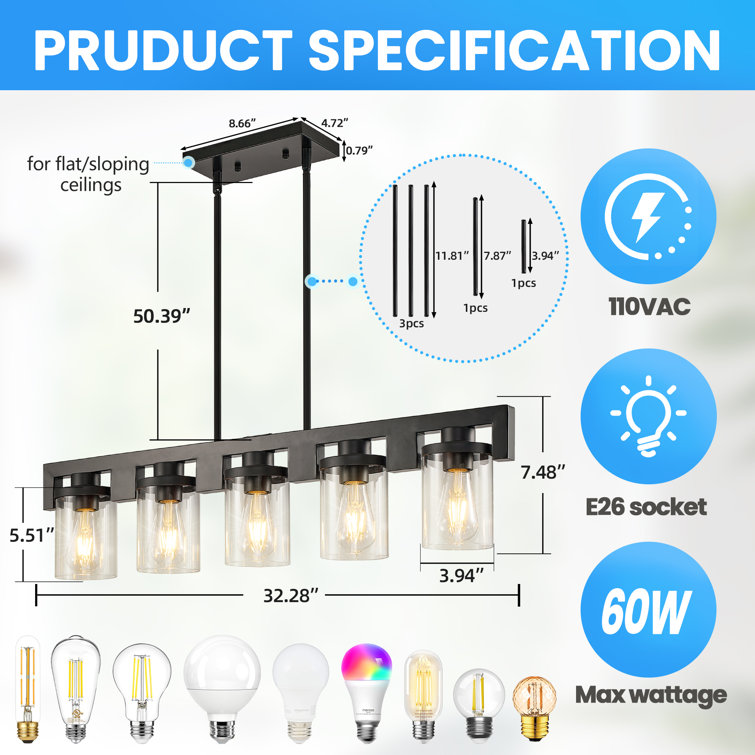 Modern Black Glass 5-Light Kitchen Island Pendant