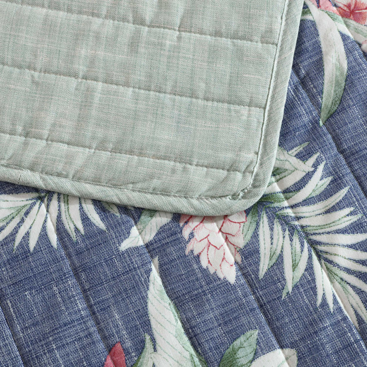 Navy Cotton Reversible King Quilt Set with Botanical Print