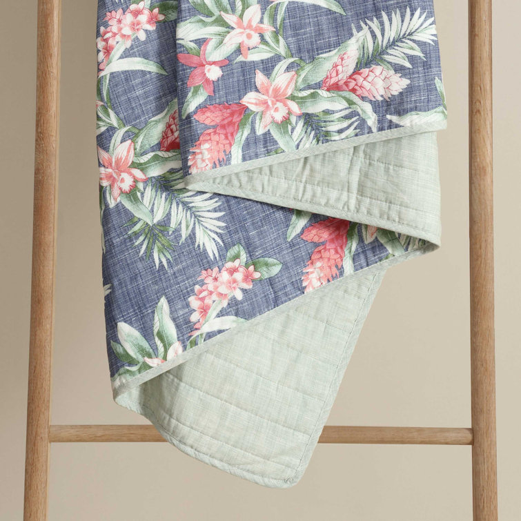 Navy Cotton Reversible King Quilt Set with Botanical Print