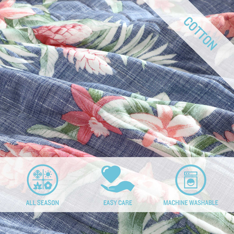 Navy Cotton Reversible King Quilt Set with Botanical Print