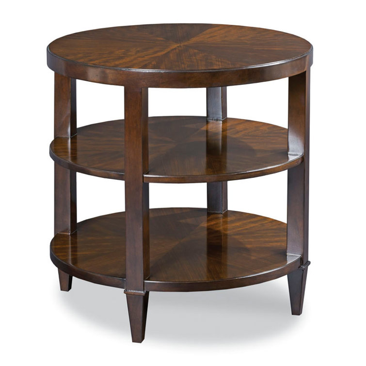 Mozambique Veneer Round Transitional Side Table with Shelves
