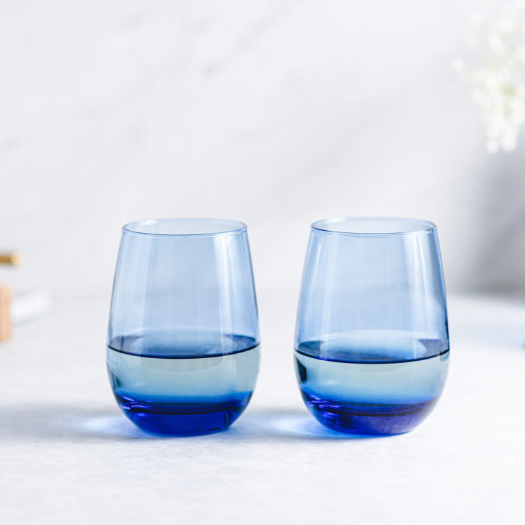 Classic Blue Stemless Wine Glass Set, Genuine Colored Glass, 6-Piece