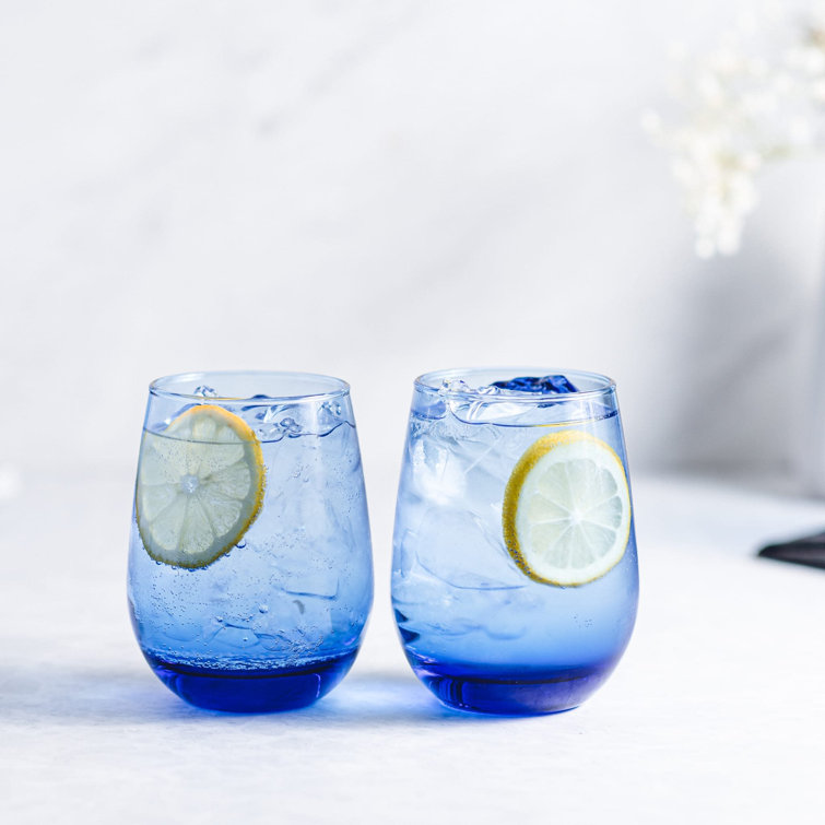 Classic Blue Stemless Wine Glass Set, Genuine Colored Glass, 6-Piece
