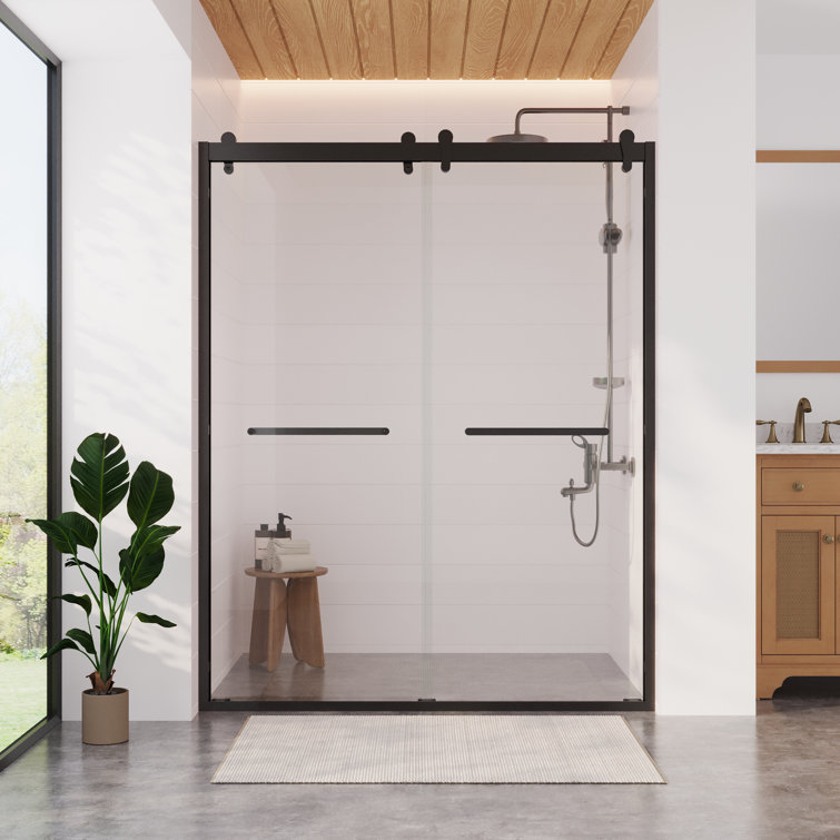 Matte Black Frameless Double Sliding Shower Door with Clear Glass