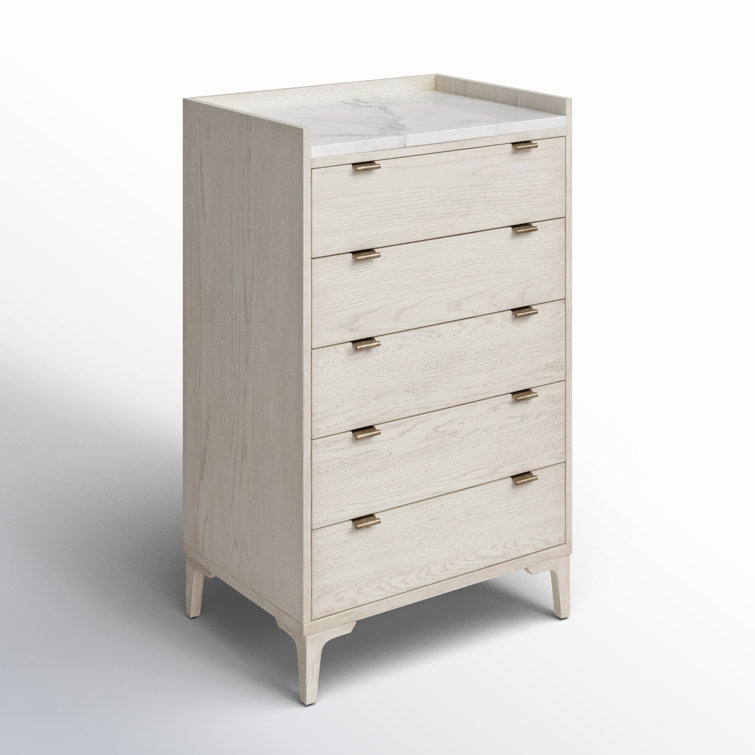 Viggo Vintage White Oak 5-Drawer Tall Dresser with Marble Accent
