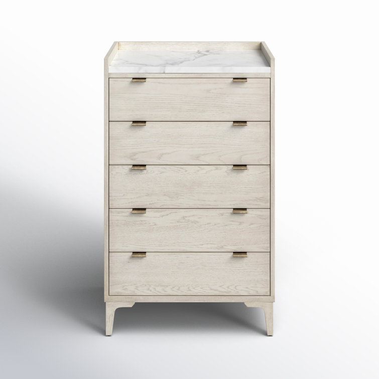 Viggo Vintage White Oak 5-Drawer Tall Dresser with Marble Accent