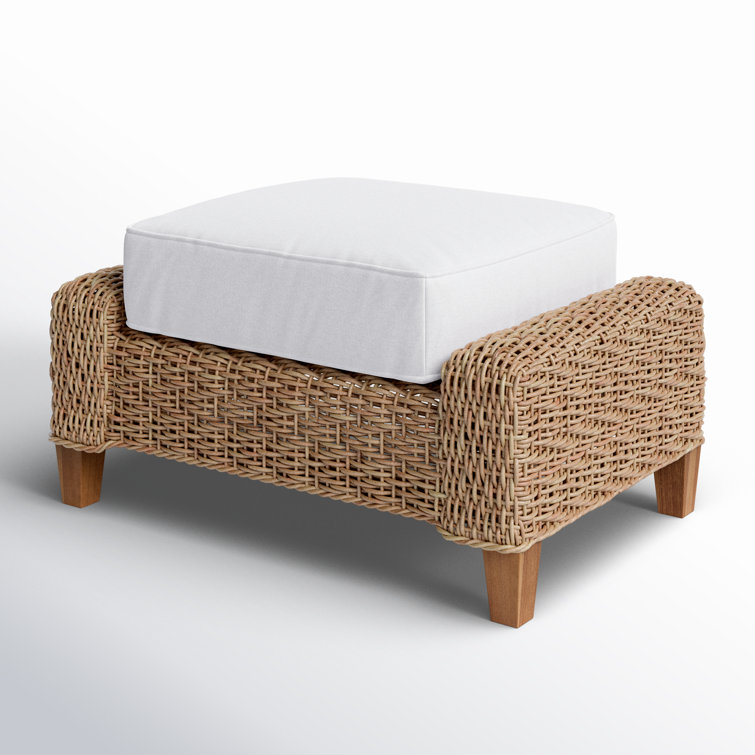 Cream Wicker Outdoor Ottoman with Teak Feet
