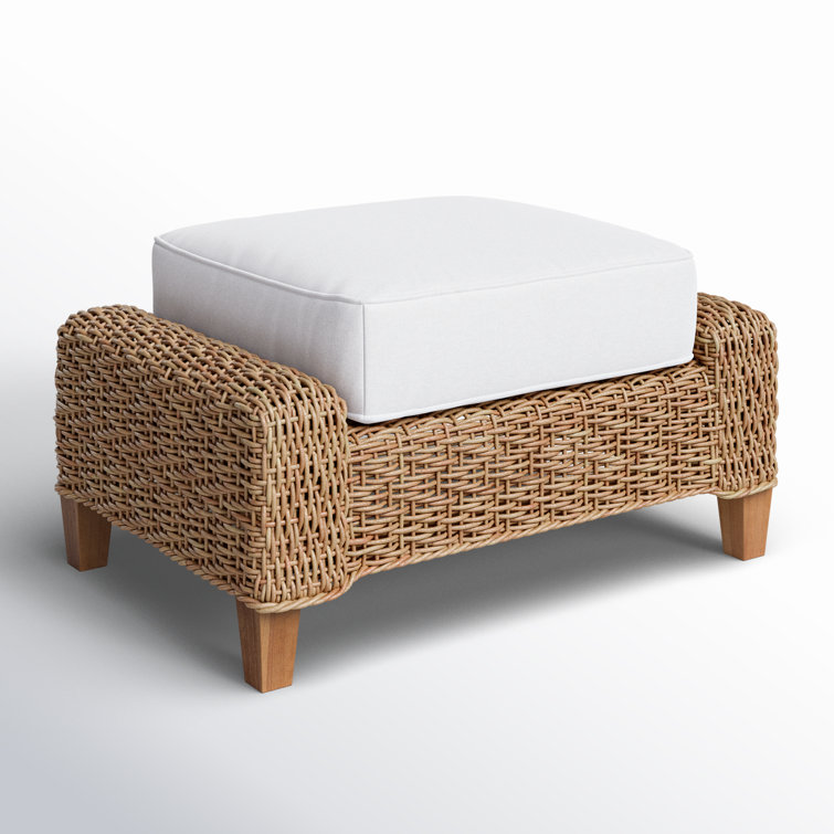 Cream Wicker Outdoor Ottoman with Teak Feet