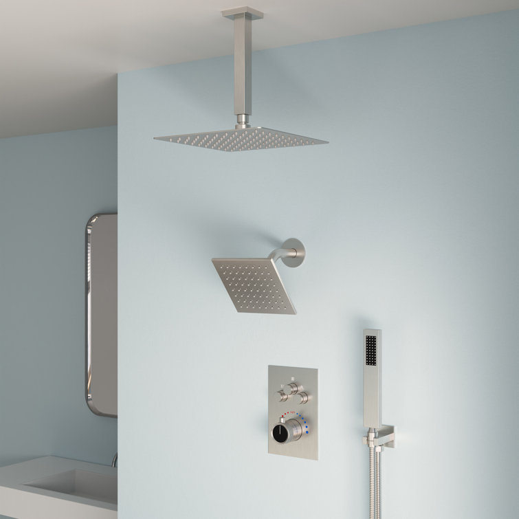 Brushed Nickel 12'' Dual Rainfall Shower System with Thermostatic Valve