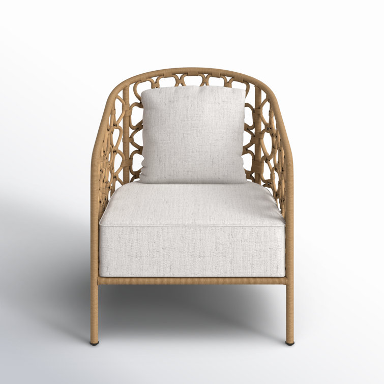 Beige and Natural Wicker Barrel Chair with Metal Frame