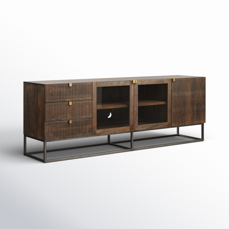 Vintage Brown Mango Wood TV Stand with Glass Doors