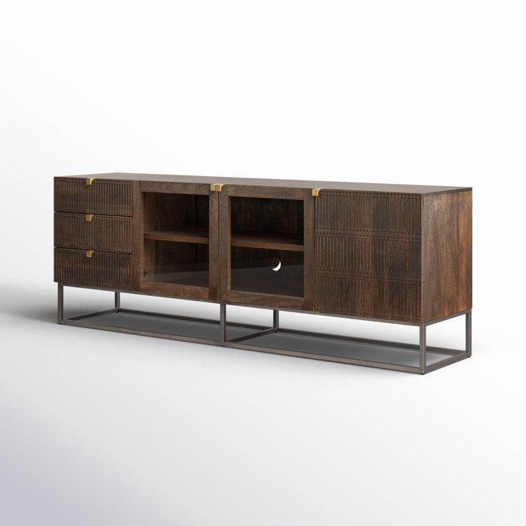Vintage Brown Mango Wood TV Stand with Glass Doors