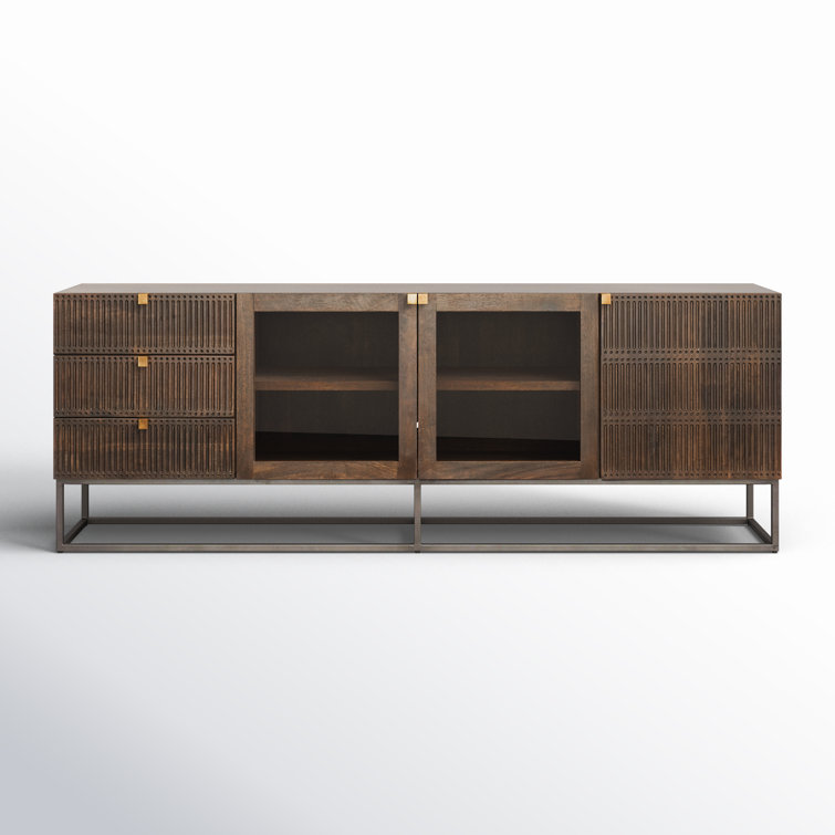 Vintage Brown Mango Wood TV Stand with Glass Doors
