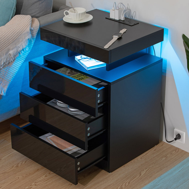 Black High Gloss LED Nightstand with Wireless Charging Station and Drawers