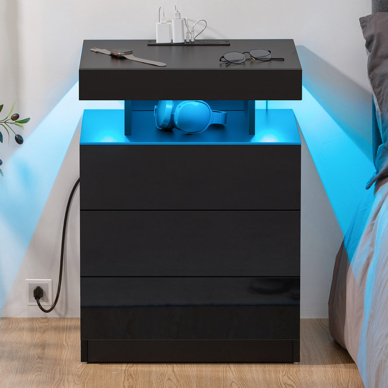 Black High Gloss LED Nightstand with Wireless Charging Station and Drawers