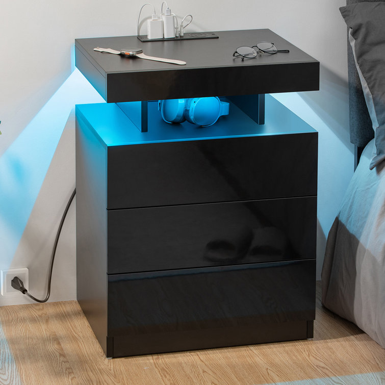 Black High Gloss LED Nightstand with Wireless Charging Station and Drawers