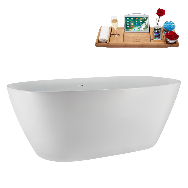 59" Glossy White Acrylic Freestanding Soaking Tub with Tray