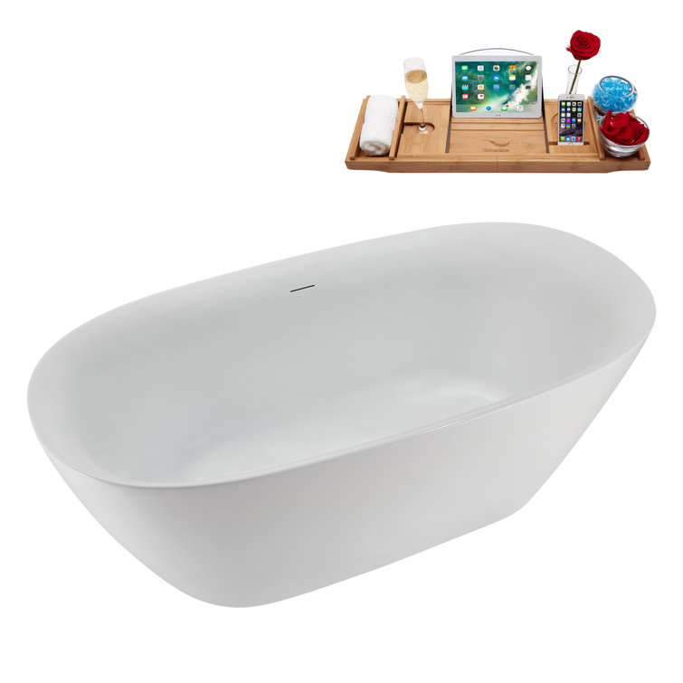 59" Glossy White Acrylic Freestanding Soaking Tub with Tray
