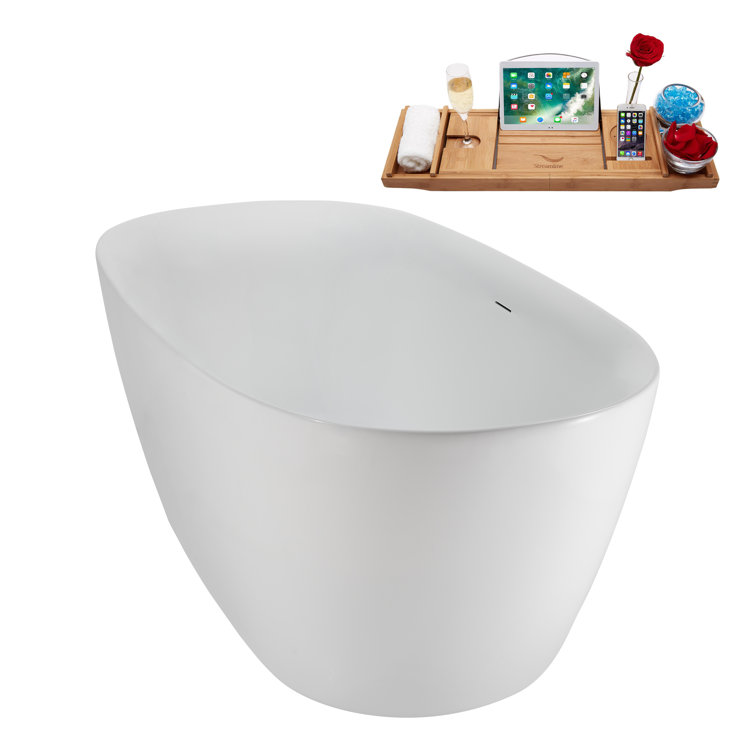 59" Glossy White Acrylic Freestanding Soaking Tub with Tray