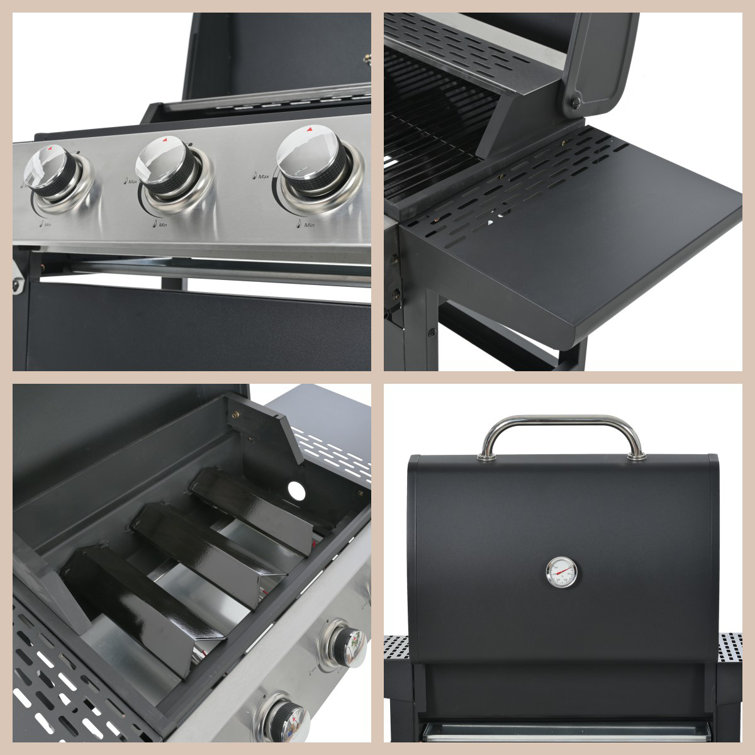 Black Stainless Steel 3-Burner Propane Gas Grill with Shelves