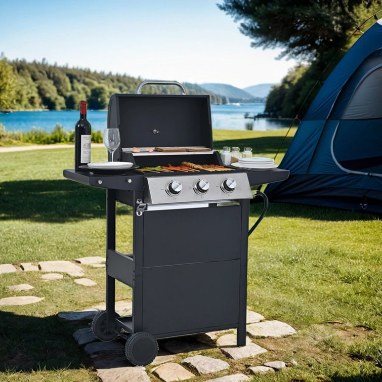 Black Stainless Steel 3-Burner Propane Gas Grill with Shelves