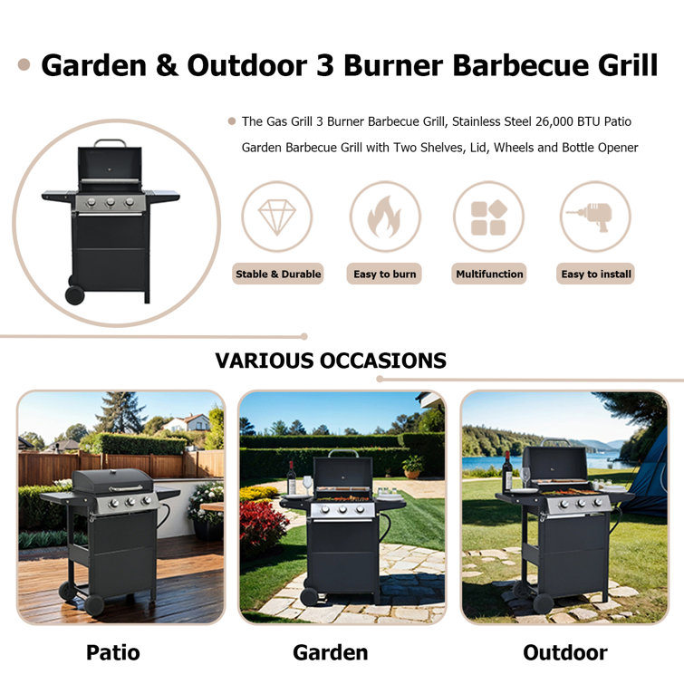 Black Stainless Steel 3-Burner Propane Gas Grill with Shelves