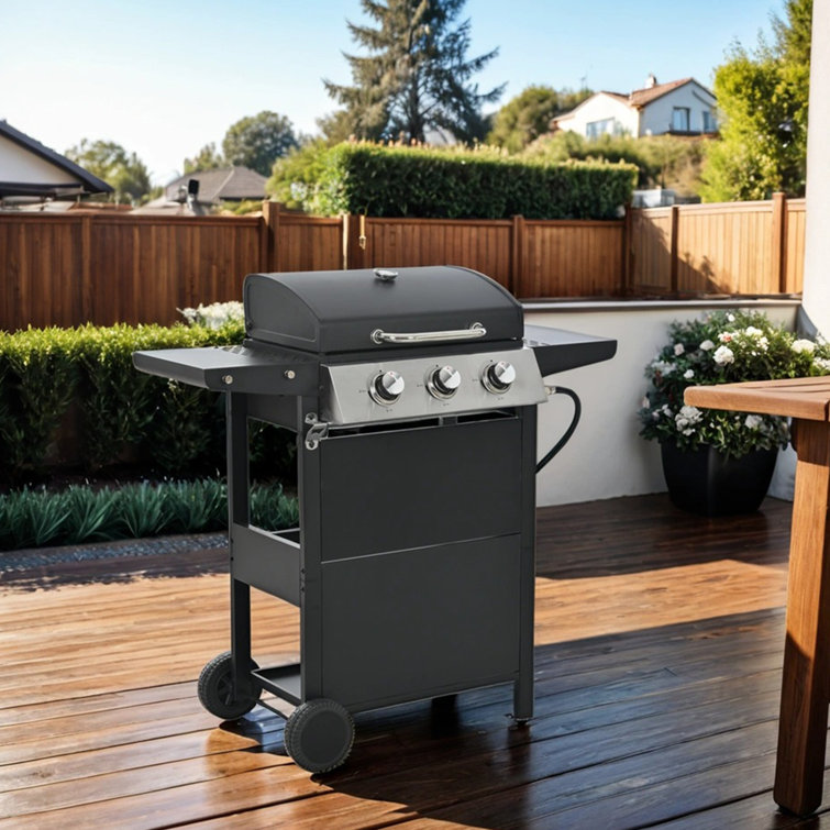 Black Stainless Steel 3-Burner Propane Gas Grill with Shelves