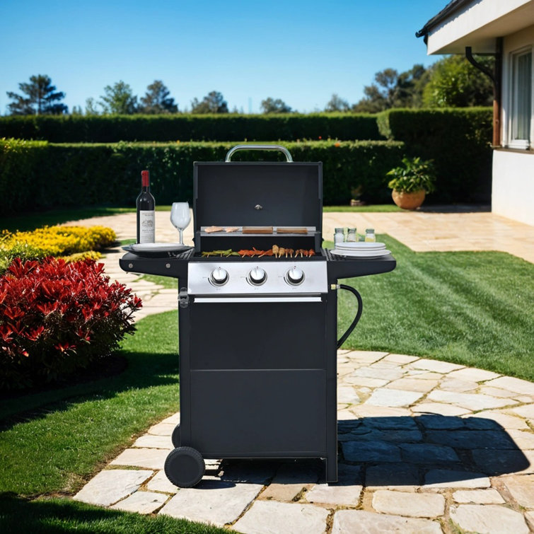 Black Stainless Steel 3-Burner Propane Gas Grill with Shelves