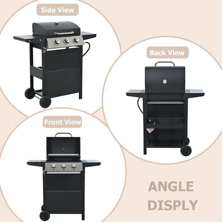 Black Stainless Steel 3-Burner Propane Gas Grill with Shelves