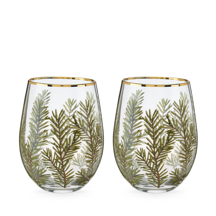 Winter Woodland Stemless Wine Glasses with Gold Rim, 16oz, Set of 2