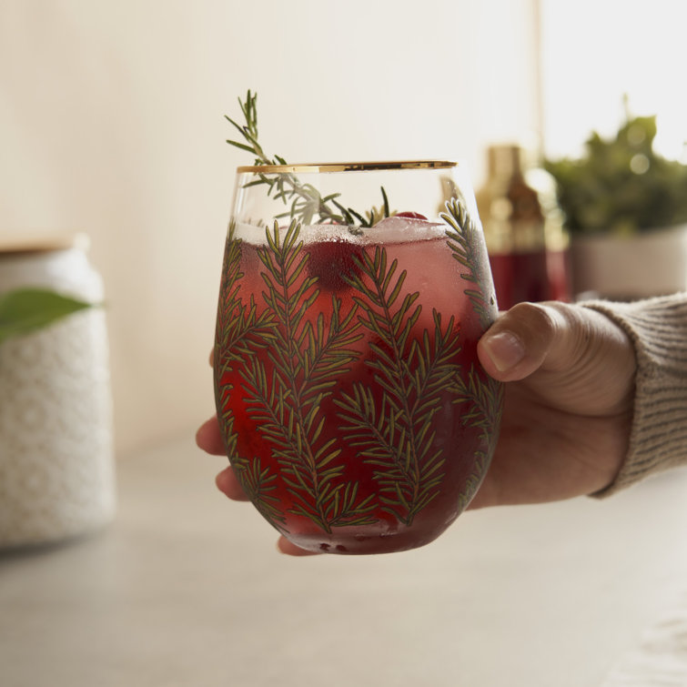 Winter Woodland Stemless Wine Glasses with Gold Rim, 16oz, Set of 2