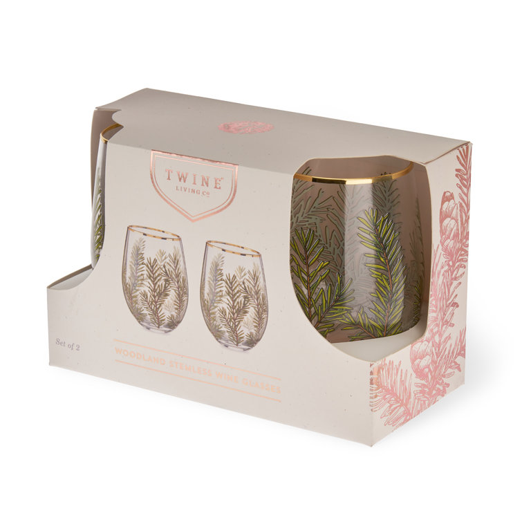 Winter Woodland Stemless Wine Glasses with Gold Rim, 16oz, Set of 2