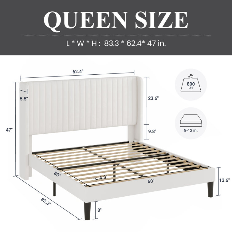 Elegant White Velvet Queen Bed with Tufted Wingback Headboard