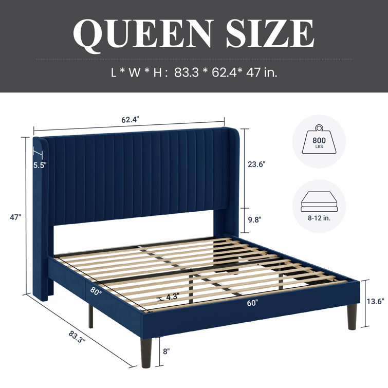 Elegant Navy Blue Velvet Queen Bed with Tufted Wingback Headboard