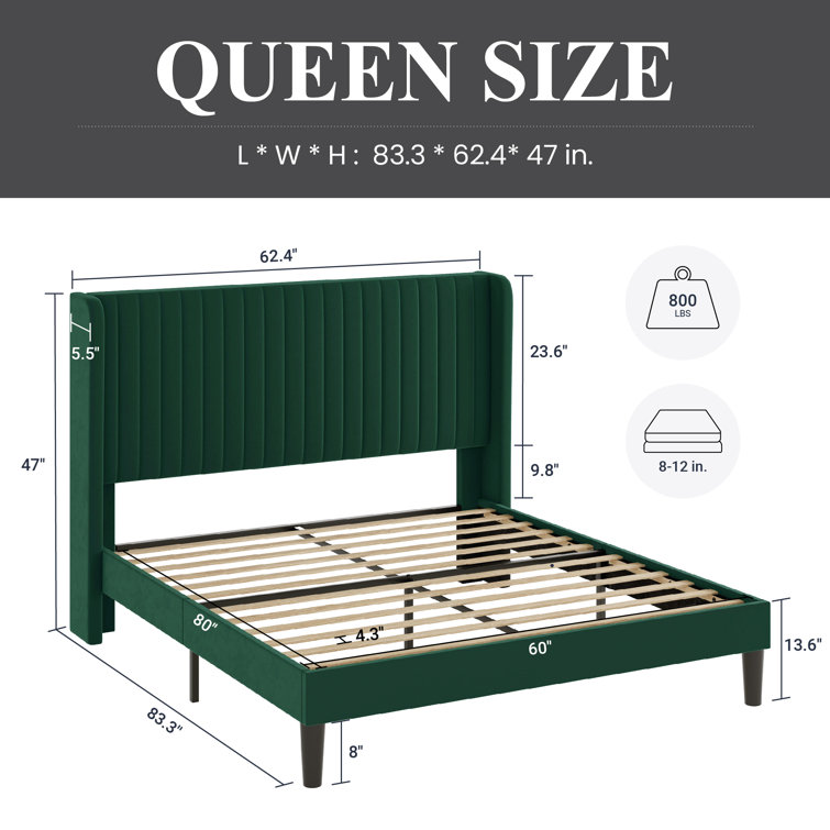 Elegant Teal Velvet Queen Platform Bed with Tufted Wingback Headboard