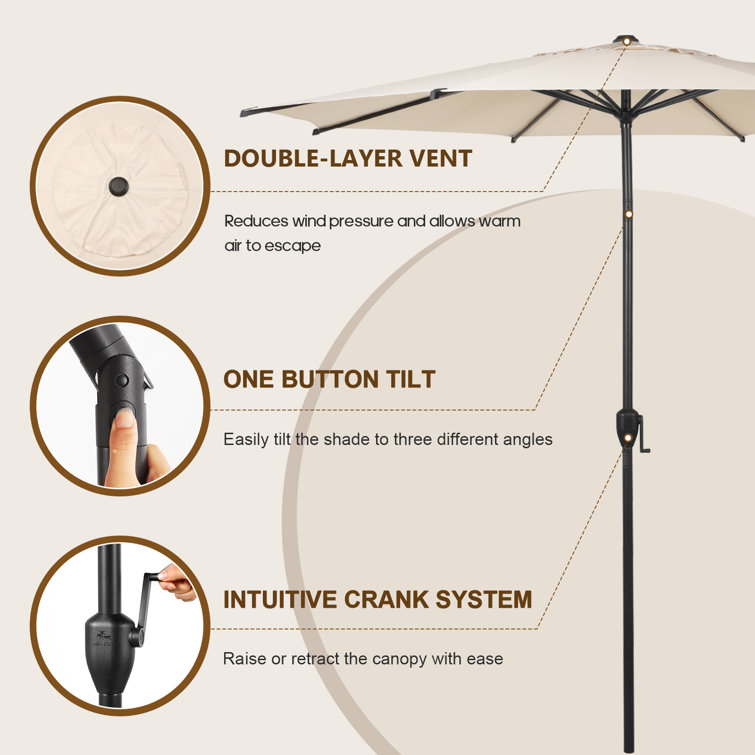 Beige Hexagonal Steel Pole Patio Umbrella with Crank Lift