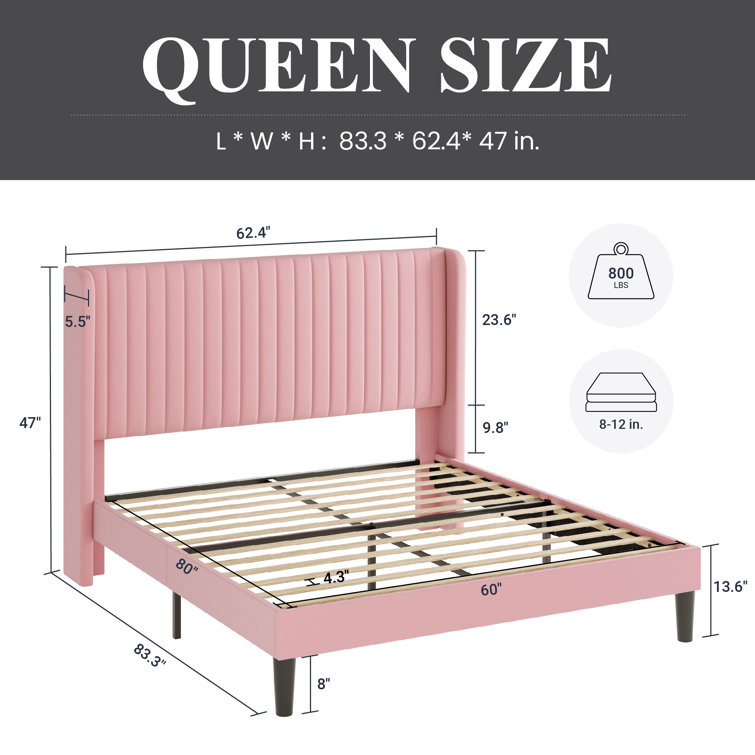 Elegant Pink Velvet Queen Bed with Tufted Wingback Headboard