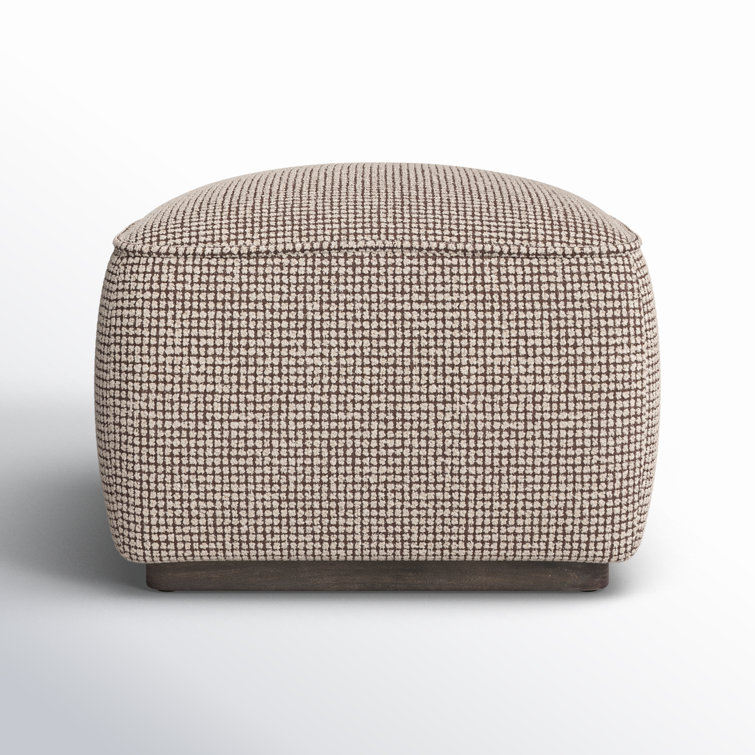Taupe Check Upholstered Square Ottoman with Solid Wood Base