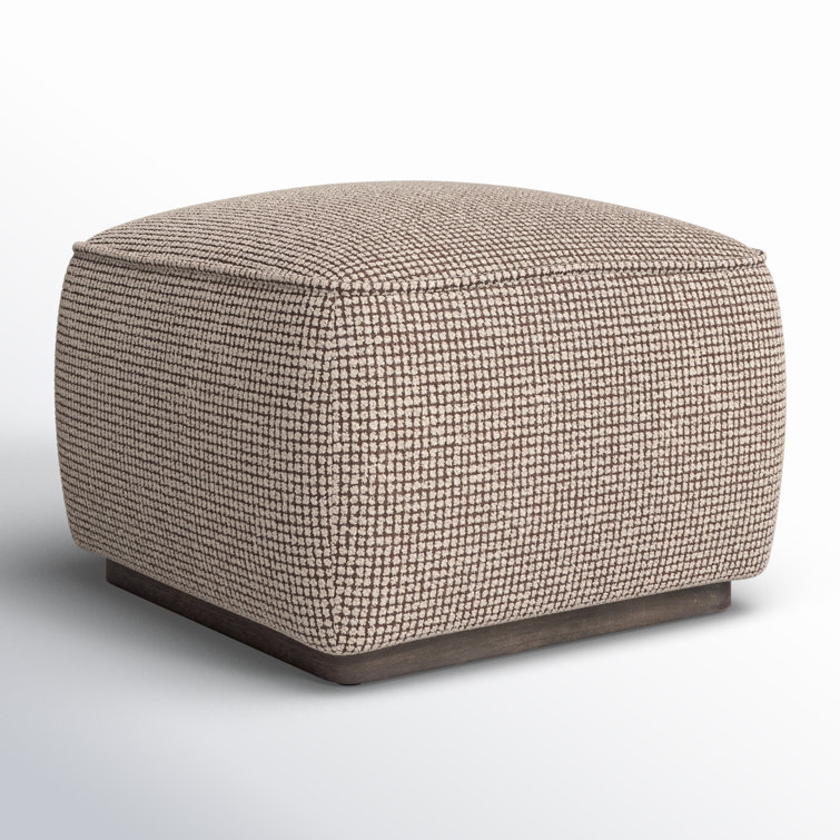 Taupe Check Upholstered Square Ottoman with Solid Wood Base