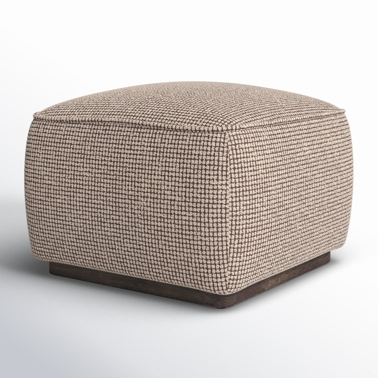 Taupe Check Upholstered Square Ottoman with Solid Wood Base