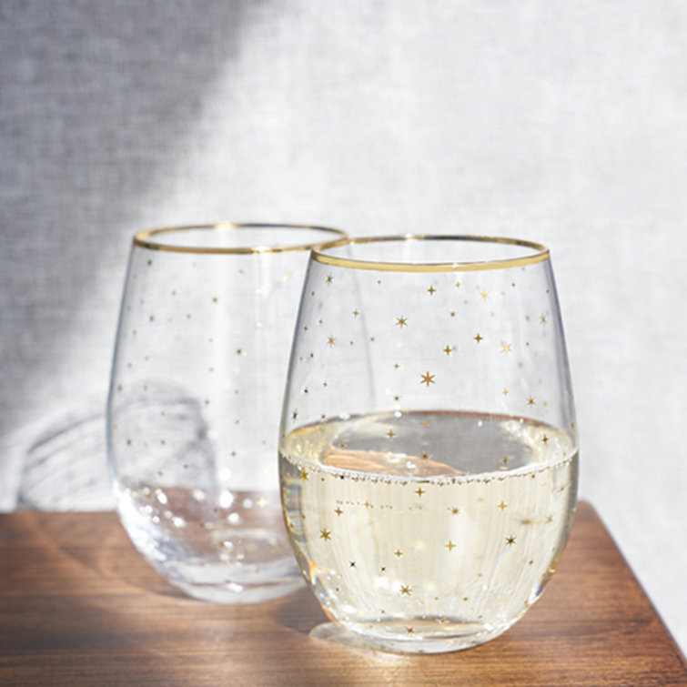 Gold Rim Celestial Pattern Stemless Wine Glass Set