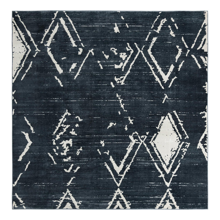 Navy Blue and Ivory Square Synthetic Area Rug