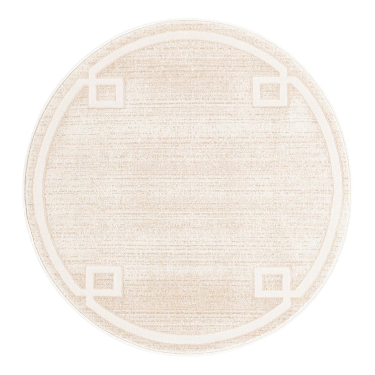 Ivory and Beige Round Geometric Synthetic Rug, 3 ft