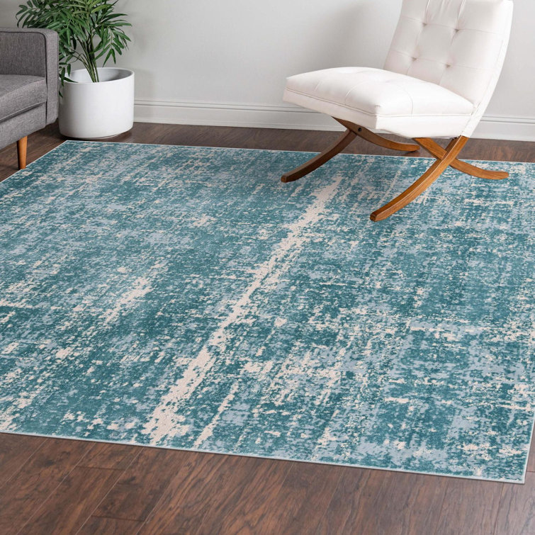 Turquoise and Ivory Square Abstract Wool Area Rug