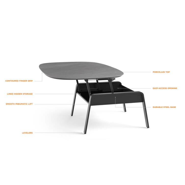 Alto Gray Oval Porcelain Lift-Top Coffee Table with Black Metal Base