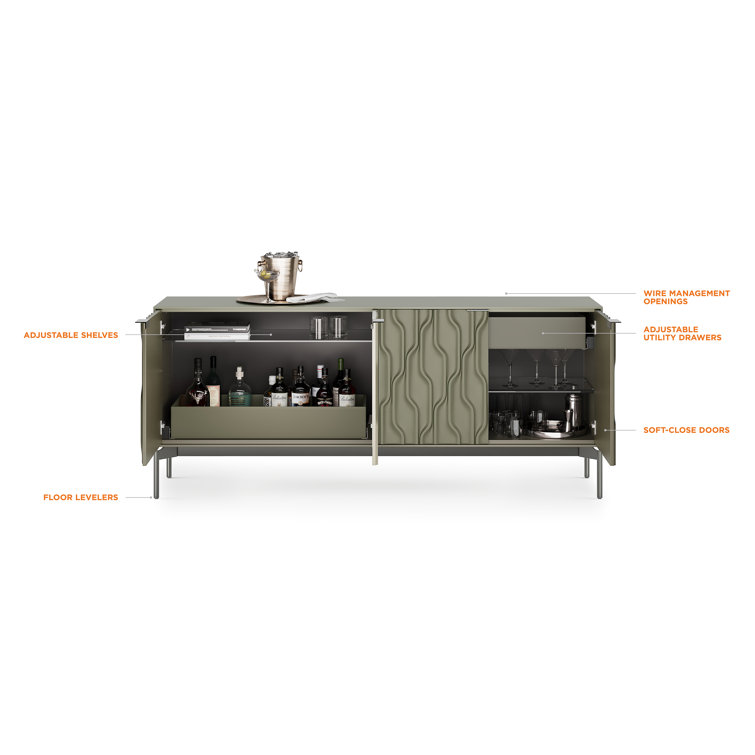 Moss and Brushed Carbon 80'' Modern Sideboard with Glass Shelves