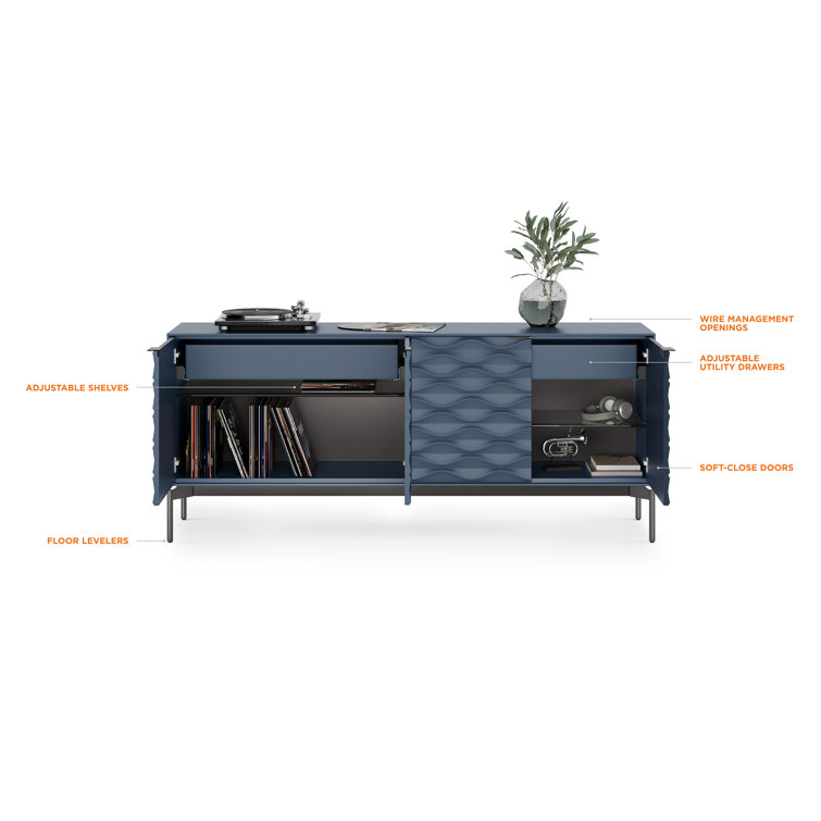 Ocean Blue MDF and Steel Sideboard with Clear Glass Shelves